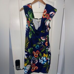 Vintage Tropical Floral Mini Dress - Navy and Multicolor